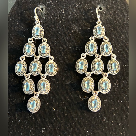 WOLF & BADGER Sterling Silver Sapphire Cubic Zirconia Dangle Chandelier Earrings - Picture 3 of 9